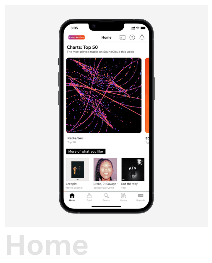 The Home screen, a track&rsquo;s visual standing in for its artwork.