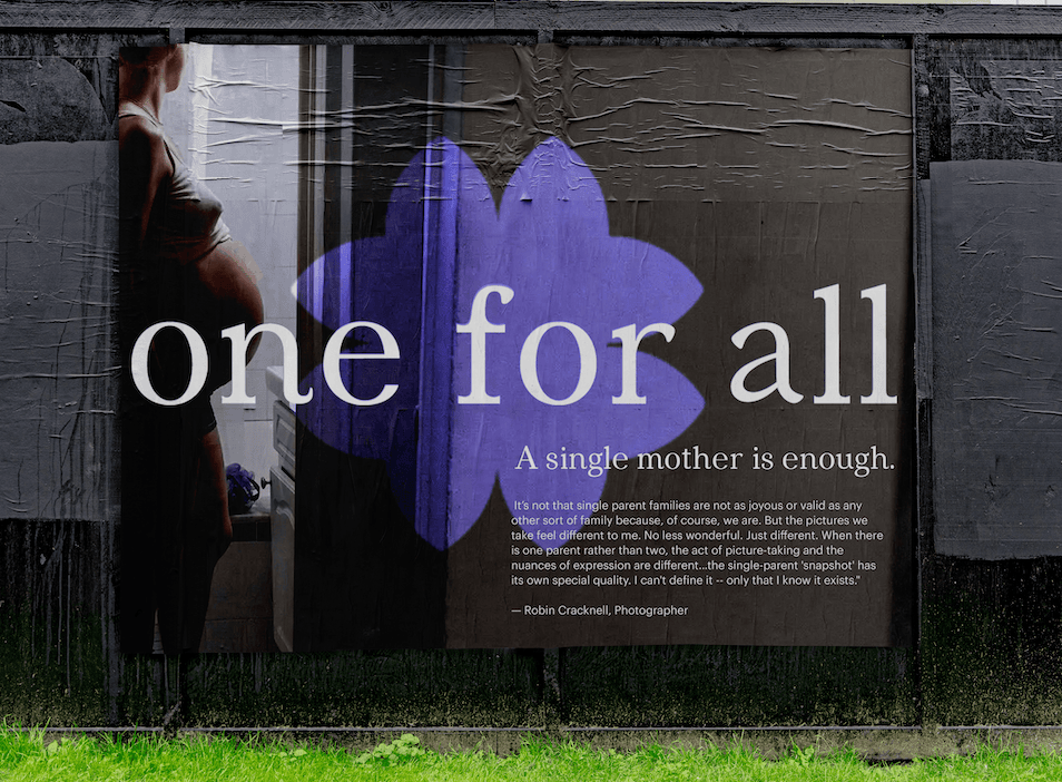 The campaign as outdoor advertising, the mark over a portrait.