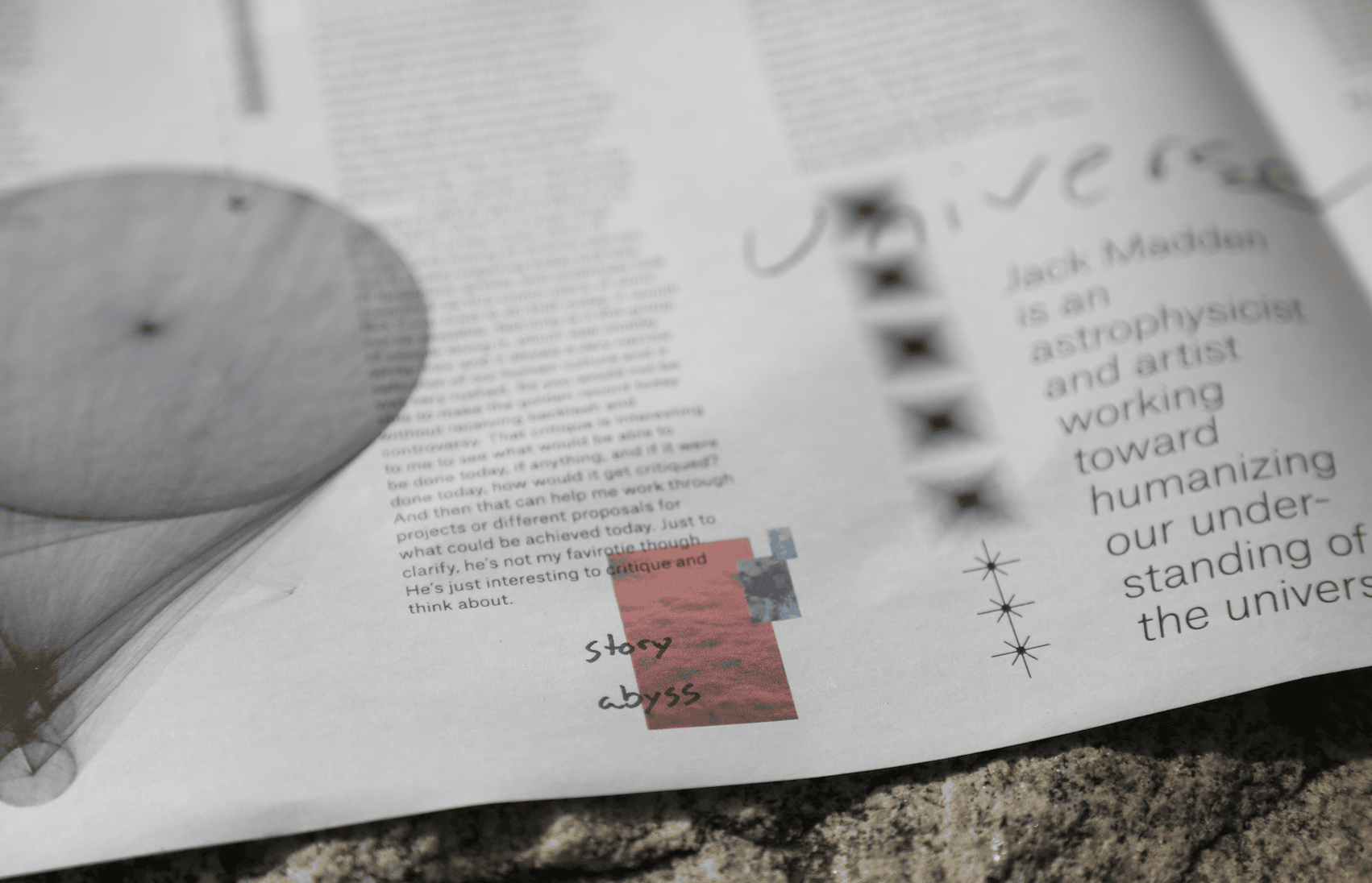 A spread pairing an image with a block of interview text.