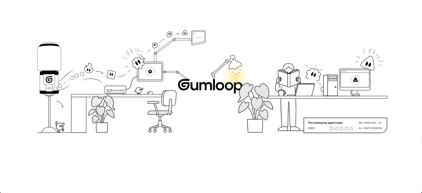 A wide line drawing of the Gumloop office — a gumball machine at one end, a desk and monitor in the middle under the wordmark, someone working at the other end.