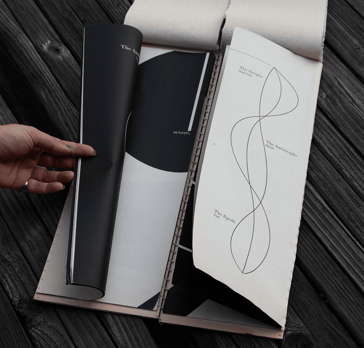 The book folded in on itself, pages fanned.