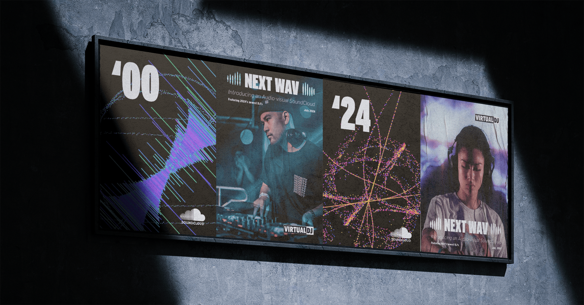 The work as out-of-home advertising, a lit wall of NEXT WAV panels.