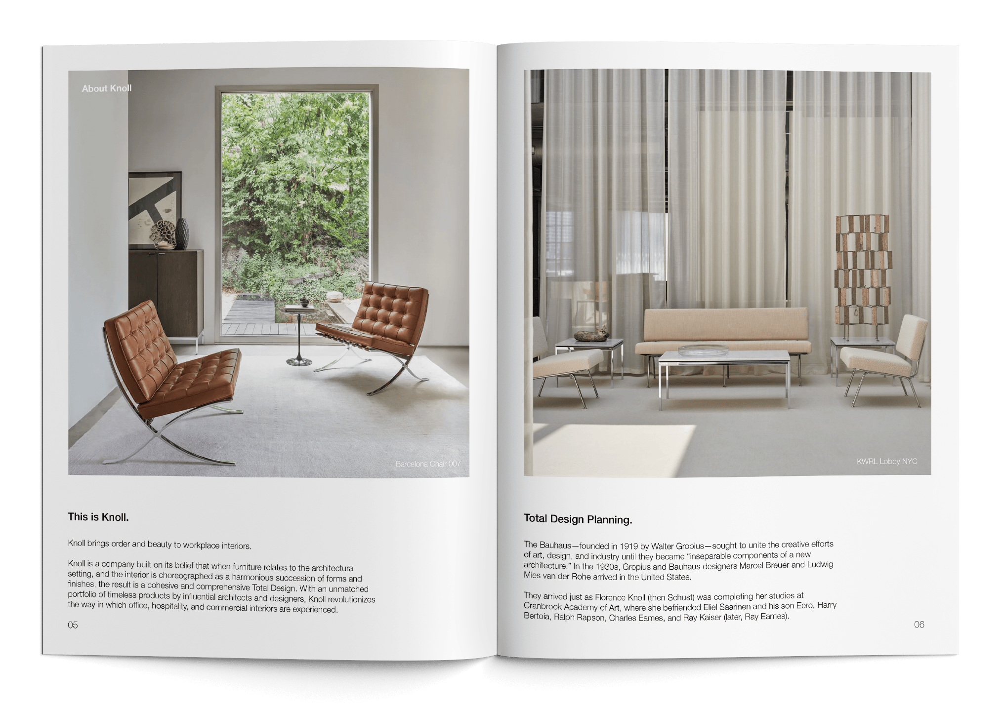 A second brochure spread, a furniture interior full bleed.